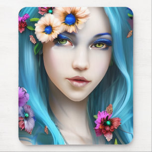 Ethereal Woman with Flowers in her Blue Hair Mouse Mat