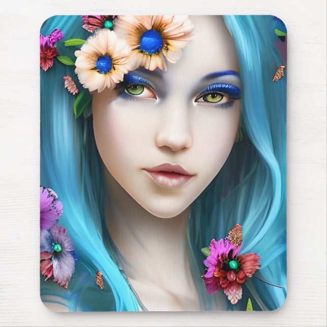 Ethereal Woman with Flowers in her Blue Hair Mouse Mat (Front)