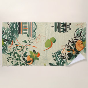 Ethereales Orangenmuster mit Zen-Tempeln Beach Towel