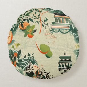 Ethereales Orangenmuster mit Zen-Tempeln Round Cushion