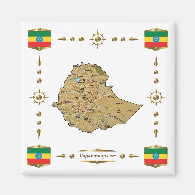 Ethiopia Map + Flags Magnet (Front)