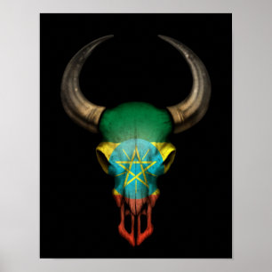 Ethiopian Flag Bull Skull on Black Poster