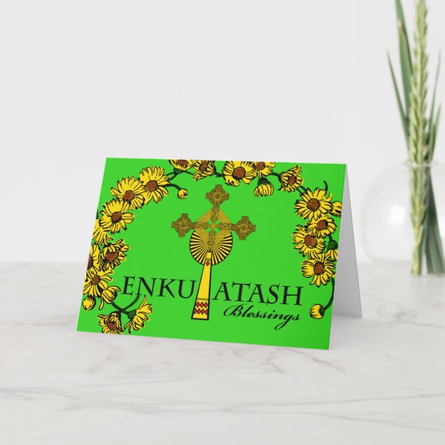 Ethiopian New Year Enkutatash Cross and Flowers Holiday Card (Front)