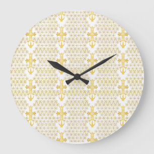 Ethiopian Orthodox Cross Pattern Gold on white Large Clock