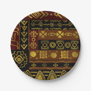 Ethnic African Golden Pattern on black and brown Paper Plate