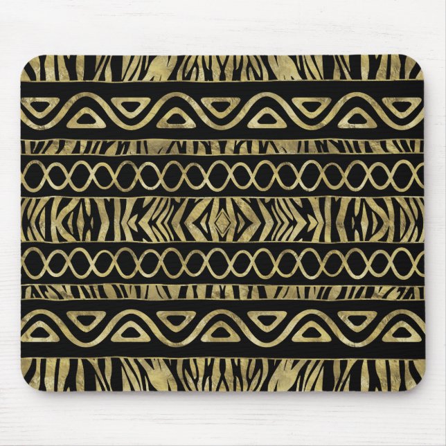 Ethnic and Animal Print Pattern Black and Gold Mouse Mat (Front)