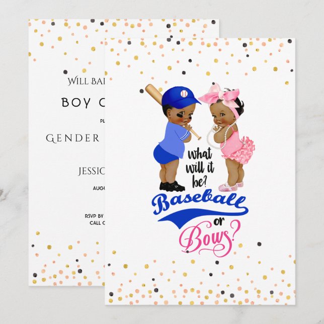 Ethnic Babies Baseball Or Bows Gender Reveal Invitation (Front/Back)