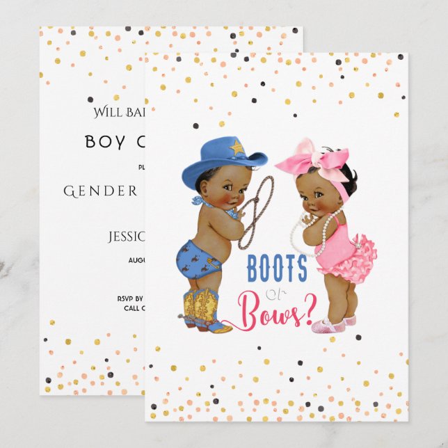 Ethnic Babies Boots Or Bows Gender Reveal Invitation (Front/Back)