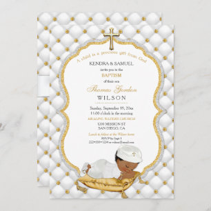 Ethnic Baby Boy Baptism Christening Gold Cross Invitation