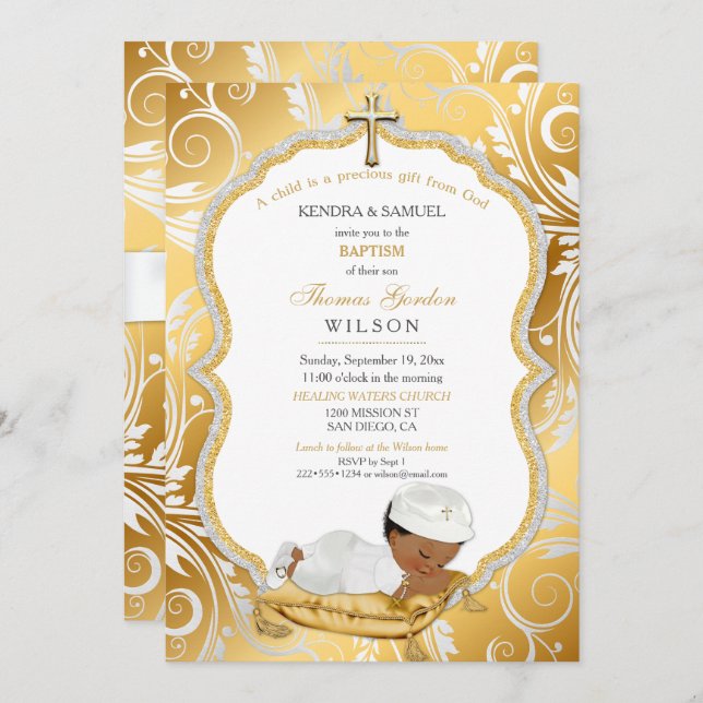Ethnic Baby Boy Baptism Christening Gold Cross Invitation (Front/Back)