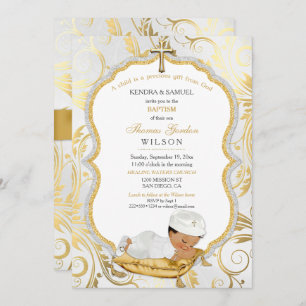 Ethnic Baby Boy Baptism Christening Gold Cross Invitation