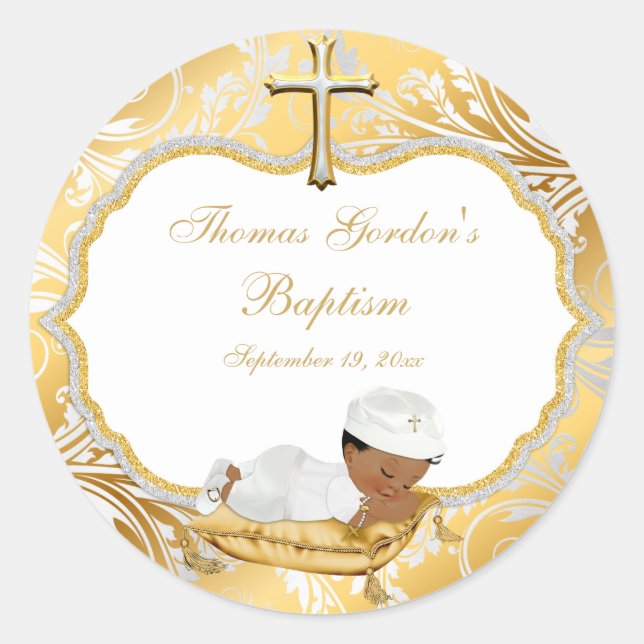 Ethnic Baby Boy Baptism Gold Cross Classic Round Sticker (Front)