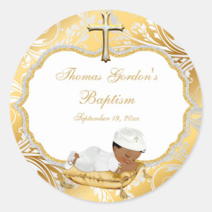 Ethnic Baby Boy Baptism Gold Cross Classic Round Sticker
