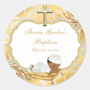 Ethnic Baby Boy Baptism Gold Cross Classic Round Sticker