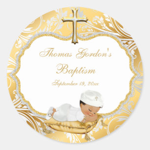 Ethnic Baby Boy Baptism Gold Cross Classic Round Sticker