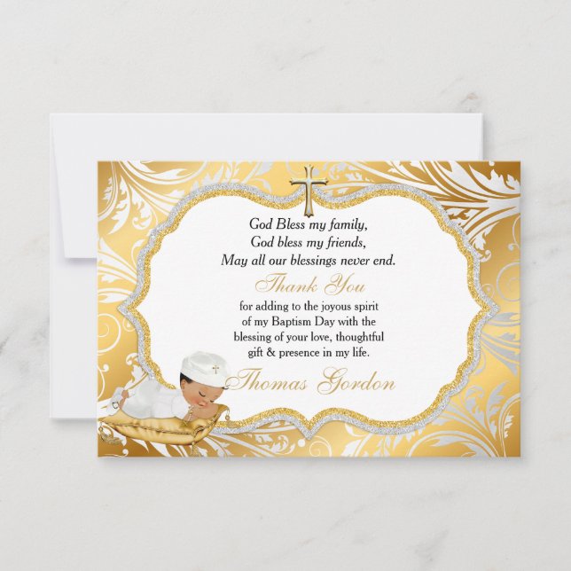 Ethnic Baby Boy Baptism Gold Cross Thank You (Front)