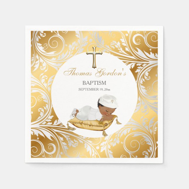 Ethnic Baby Boy Christening Baptism Gold Silver Napkin (Front)