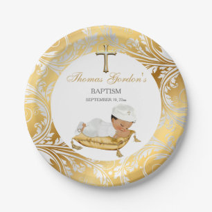 Ethnic Baby Boy Christening Baptism Gold Silver Paper Plate