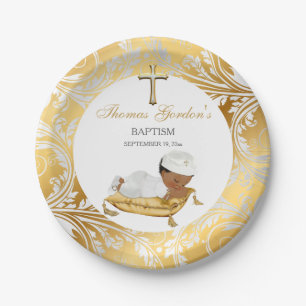 Ethnic Baby Boy Christening Baptism Gold Silver Paper Plate