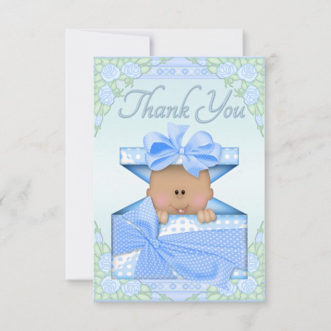 Ethnic Baby Boy in Gift Box and Roses Thank You Card (Front)