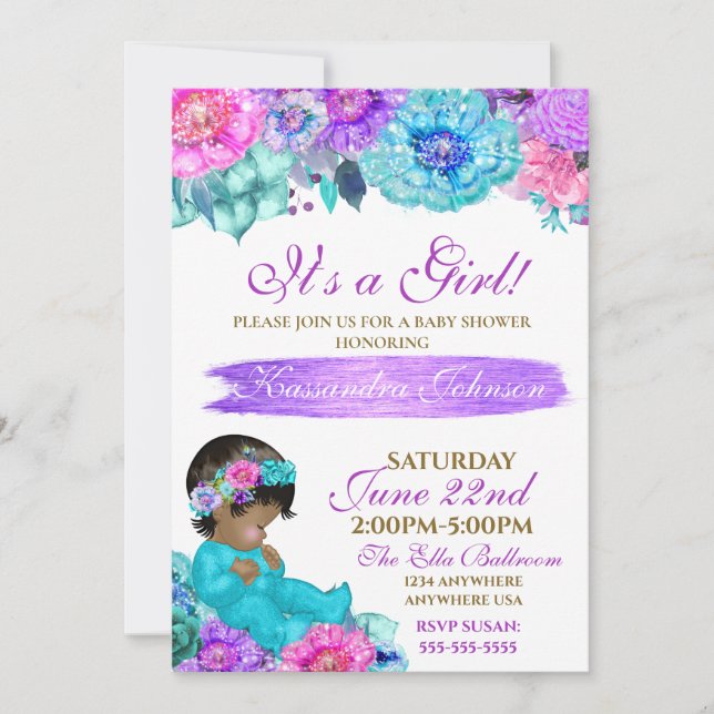 ethnic Baby elegant Purple teal Gold baby shower Invitation (Front)