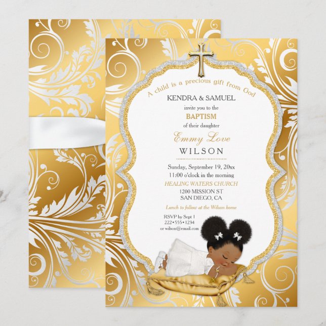 Ethnic Baby Girl Baptism Christening Gold Cross Invitation (Front/Back)