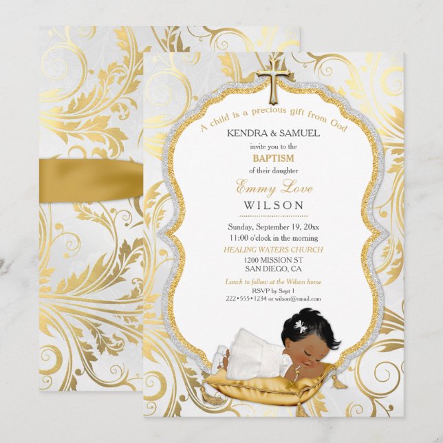 Ethnic Baby Girl Baptism Christening Gold Cross Invitation (Front/Back)
