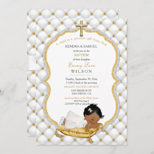 Ethnic Baby Girl Baptism Christening Gold Cross Invitation