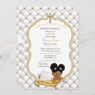 Ethnic Baby Girl Baptism Christening Gold Cross Invitation