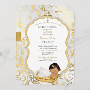 Ethnic Baby Girl Baptism Christening Gold Cross Invitation