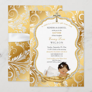 Ethnic Baby Girl Baptism Christening Gold Cross Invitation