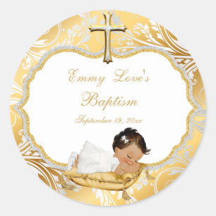 Ethnic Baby Girl Baptism Gold Cross Classic Round Sticker