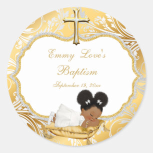 Ethnic Baby Girl Baptism Gold Cross Classic Round Sticker