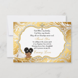 Ethnic Baby Girl Baptism Gold Cross Thank You Card