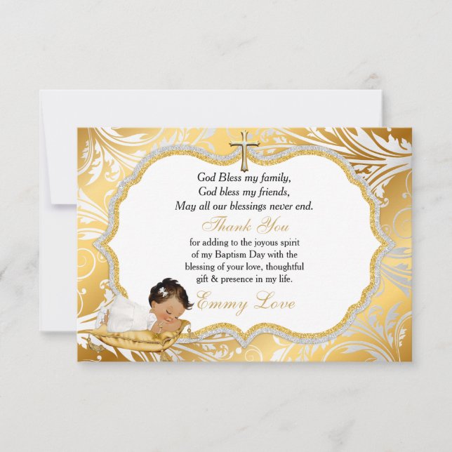 Ethnic Baby Girl Baptism Gold Cross Thank You Card (Front)