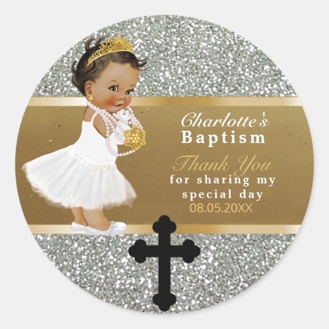 Ethnic Baby Girl Baptism Thank You Gold Silver Classic Round Sticker (Front)