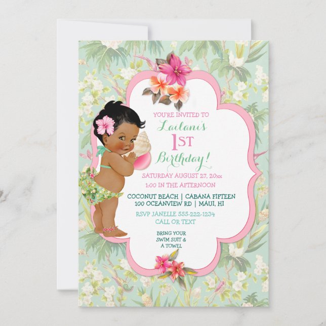 Ethnic Baby Girl Bikini Tropical Luau Hawaiian Invitation (Front)