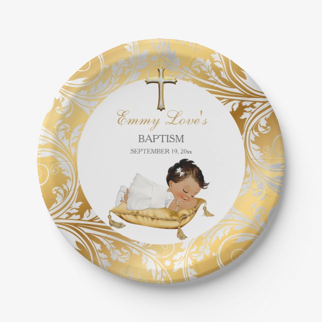 Ethnic Baby Girl Christening Baptism Gold Silver Paper Plate (Front)