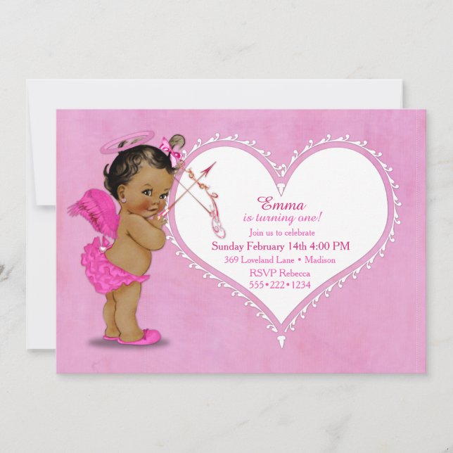 Ethnic Baby Girl Cupid Angel Wings Halo Hot Pink Invitation (Front)