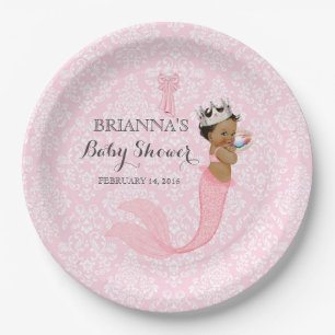 Ethnic Baby Girl Mermaid Princess Crown Damask Paper Plate