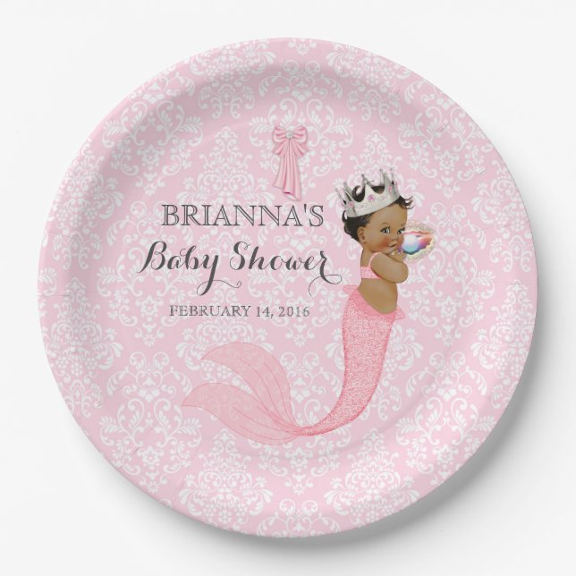 Ethnic Baby Girl Mermaid Princess Crown Damask Paper Plate (Front)