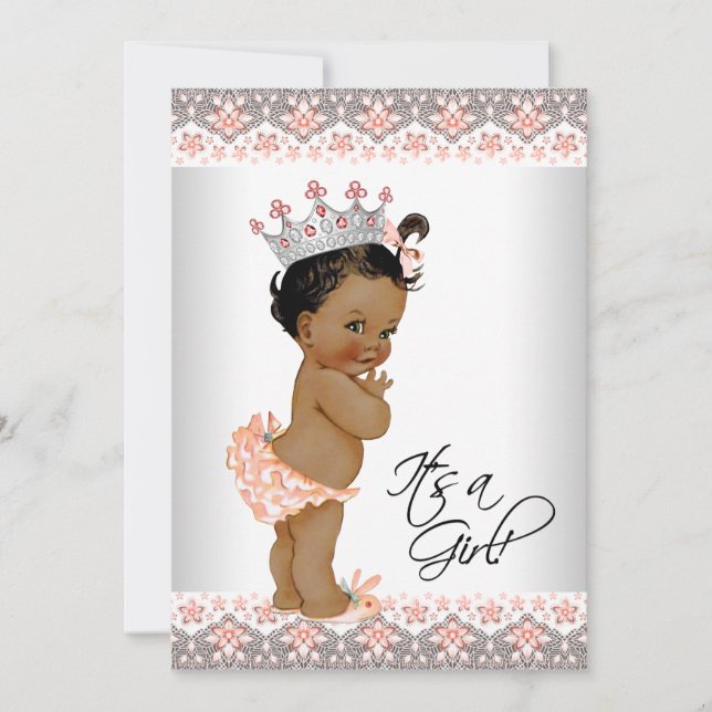 Ethnic Baby Girl Peach and Grey Baby Shower Invitation (Front)