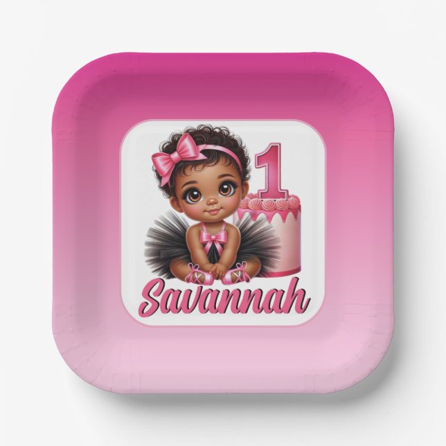 Ethnic Baby Girl Pink & Black Tutu 1st Birthday Paper Plate (Front)