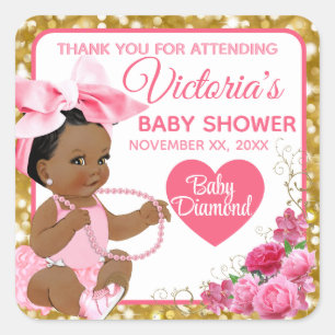 Ethnic Baby Girl Pink & Gold Baby Shower Square Sticker