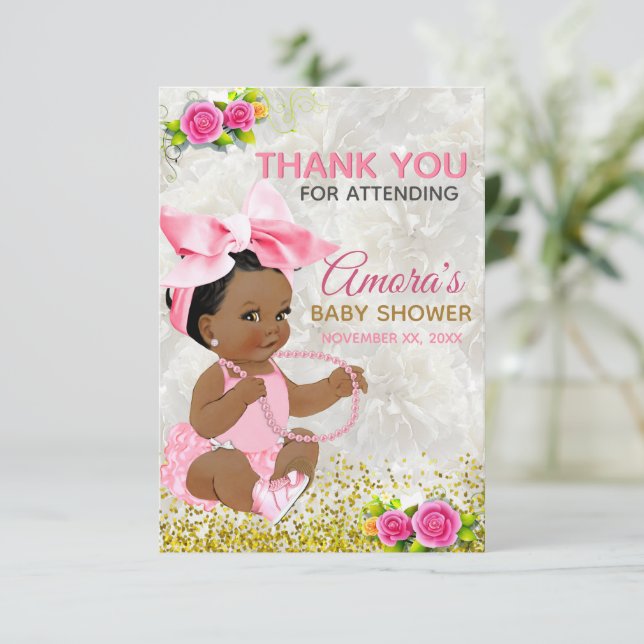 Ethnic Baby Girl Pink & Gold Elegant Photo Thank You Card (Standing Front)