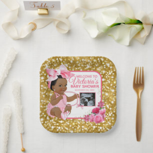 Ethnic Baby Girl Pink & Gold Photo Baby Shower Paper Plate