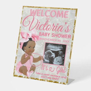 Ethnic Baby Girl Pink Photo Baby Shower Welcome Pedestal Sign