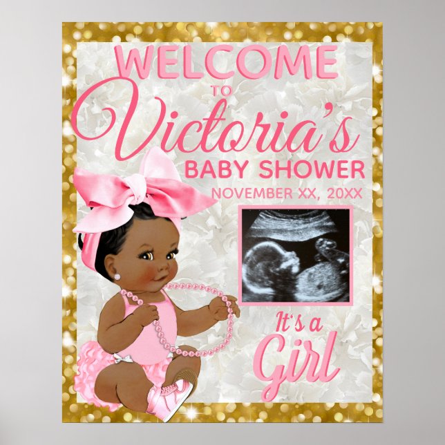Ethnic Baby Girl Pink Photo Baby Shower Welcome Poster (Front)