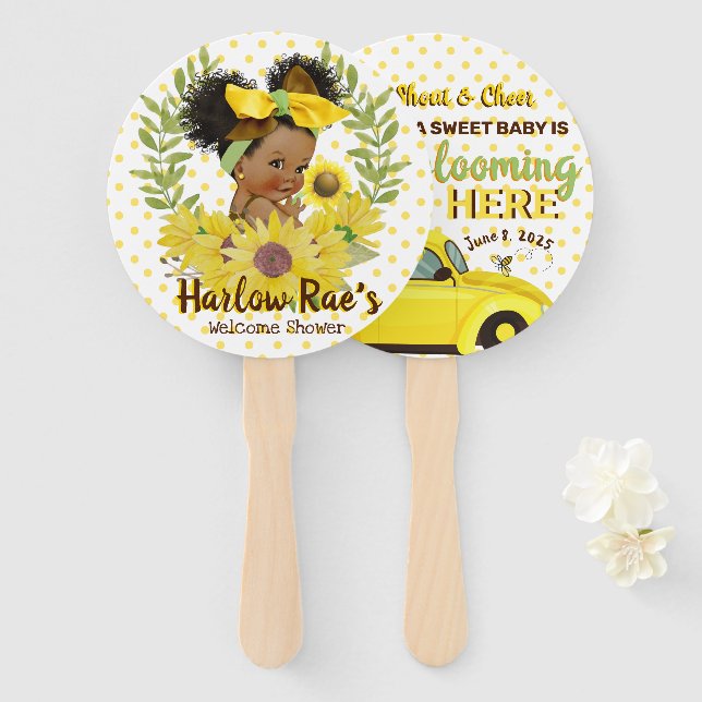 Ethnic Baby Girl | Yellow Sunflower Baby Shower Ha Hand Fan (Front and Back)