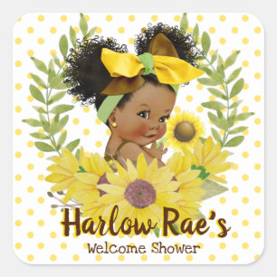 Ethnic Baby Girl   Yellow Sunflower Baby Shower Square Sticker